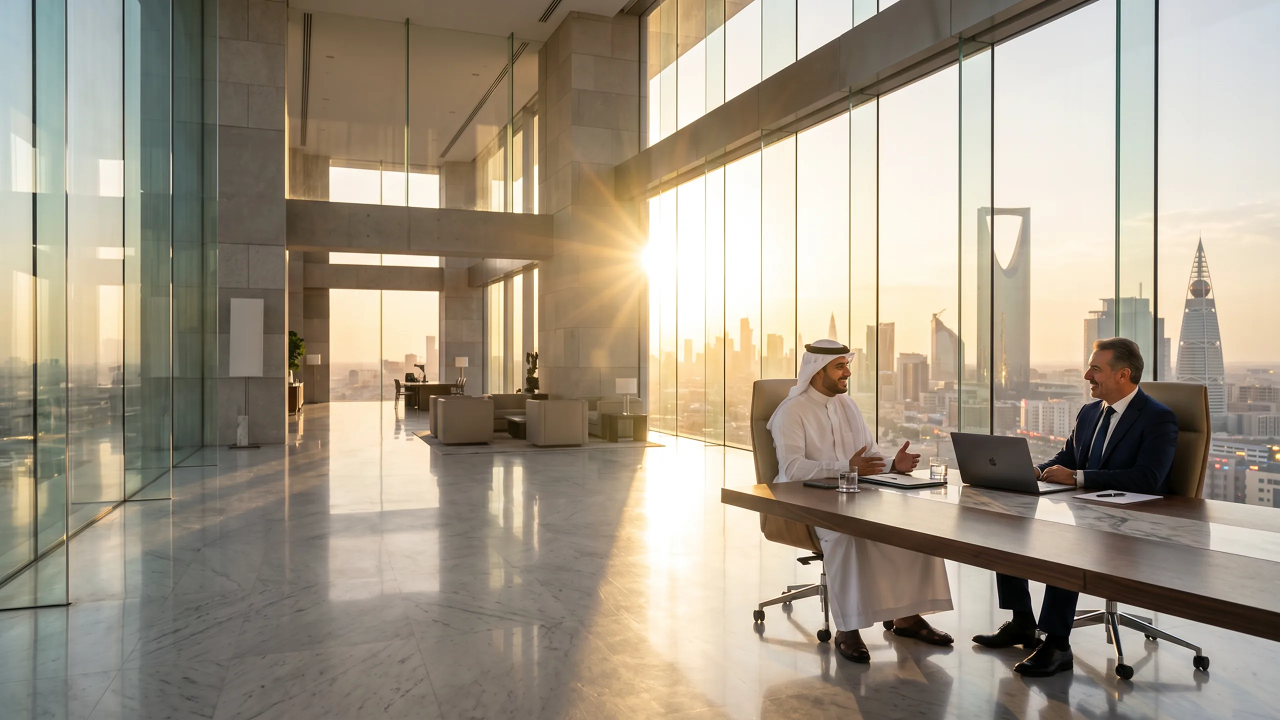 Investment team meeting in a glass office above the city